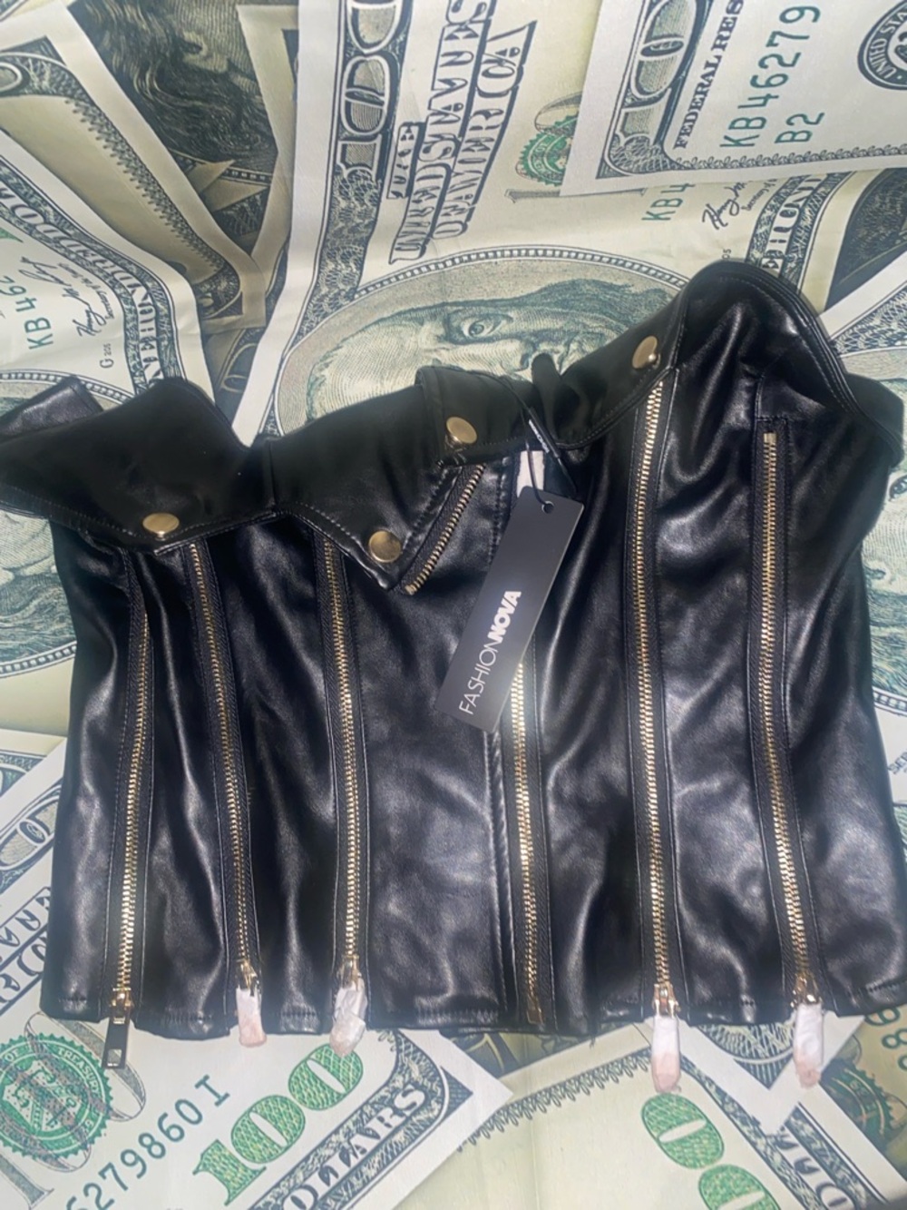 Fashion Nova Black Faux Leather Strapless Zip-Front Bustier Jacket